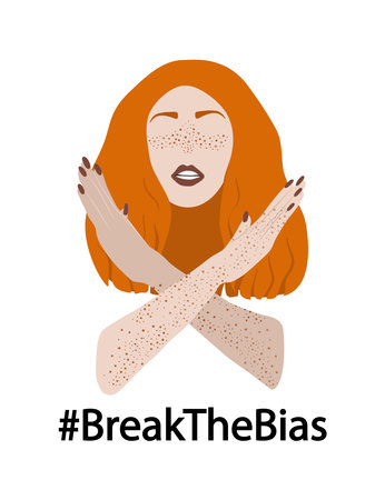Break the bias concept Head of redhaired woman with freckles crosses their arms in protest Womens gesture against discrimination Vector illustration isolated on white backgroundのイラスト素材