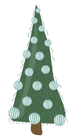 Cute deep green christmas tree with needles Xmas fir decorated by blue baubles Vector illustration isolated on white background in flat cartoon styleのイラスト素材