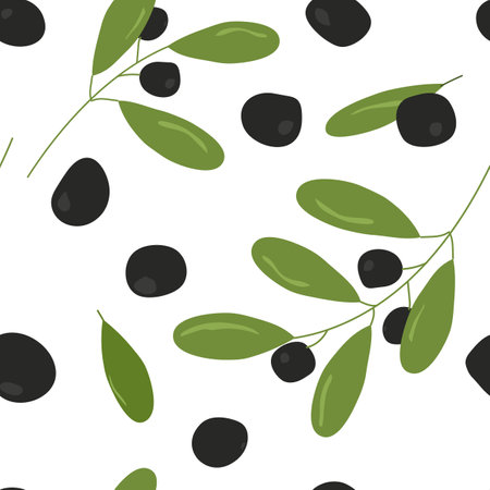 Seamless pattern with olive branches with green and black olives Vector illustration in flat hand drawn style isolated on white background for wrapping paper, textile, fabricのイラスト素材