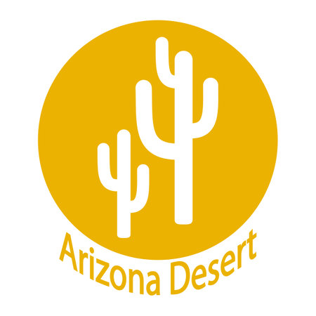 Arizona desert symbol vector illustration. Cacti in yellow circle symbolizing the sun and sand and text isolated on white background. Flat style icon. Simple design tee printのイラスト素材