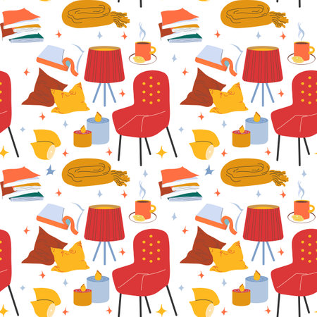 Cozy interior hygge seamless pattern vector illustration. Home decor and leasure time elements. Warm bright palette. Tea time. Flat style Vector illustrationのイラスト素材