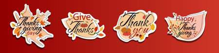 Set of Thanksgiving day stickers. Phrases Give thanks, Thank you, Happy Thanksgiving with pumpkins and autumn leaves. Flat style vector illustration isolated on red backgroundのイラスト素材