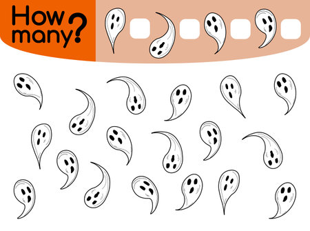 Counting game for preschool children vector illustration. Educational mathematical game. Count how many ghosts by shapes and write the result. Flat cartoon styleのイラスト素材