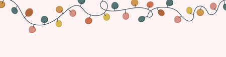 Horizontal background with christmas lights bulbs Colorful garland in neutral scandinavian palette and copy space for text. Hand drawn banner template vector illustrationのイラスト素材