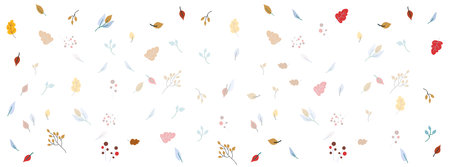 Autumn leaves and berries horizontal background with light copy space for text. Abstract childish multicolored foliage. Banner template Flat style vector illustrationのイラスト素材