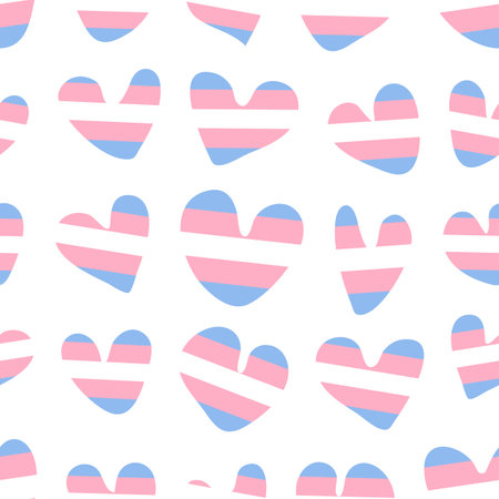 Seamless pattern with transgender flag hearts. Doodle hand drawn elements isolated on white background. Vector illustration in simple flat styleのイラスト素材