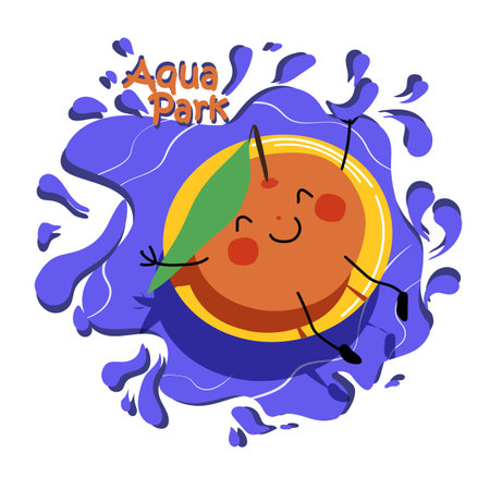 Orange character swimming on inflatable ring in blue water. Summer design with cute smiling fruit and text Aqua Park Childish funny vector illustration in flat cartoon styleのイラスト素材