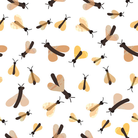 Seamless pattern with cute childish moths on white background in flat cartoon style with watercolor texture Vector illustration for wrapping paper, textile, fabric, packaging, nursery decorationのイラスト素材