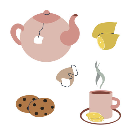 Tea time elements set vector illustration. Pink teapot and cup, tea bag, lemon and cookies. Simple flat cartoon elements isolated on white background. Warm neutral paletteのイラスト素材