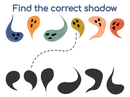 Find the correct shadow. Kids educational game. Cute colorful Halloween ghosts of different shapes. Vector illustration in flat cartoon style for childrens books and magazinesのイラスト素材