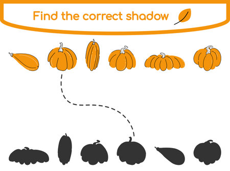 Find the correct shadow Kids educational game Cute simple pumpkins in different shapes Vector illustration in flat cartoon style for childrens books and magazinesのイラスト素材