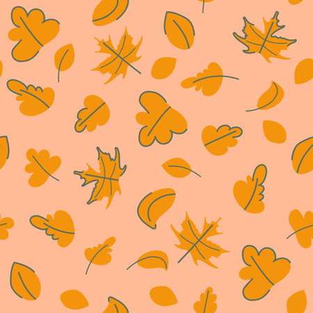 Autumn leaves seamless pattern childish vector illustration. Orange falling leaves in different shapes with green outline on muted pink background. Doodle flat simple designのイラスト素材