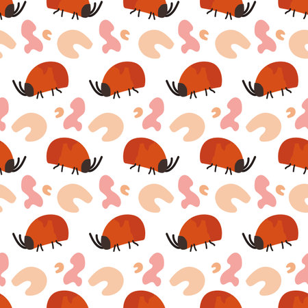 Seamless pattern with cute hand drawn red bugs with abstract shapes Simple flat cartoon style Watercolor texture Vector illustration for wrapping paper, textile, fabric, packaging, nursery decorationのイラスト素材