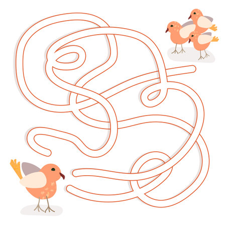 Maze game for preschool children Puzzle Labyrinth for kids with cute birds: mother and babies in flat cartoon style Simple matching gameのイラスト素材