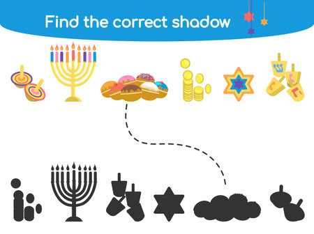 Find the correct shadow. Kids educational game. Hanukkah traditional symbols Menorah, star of David, dreidel, sufganiyah, coins Vector illustration for childrens books and magazinesのイラスト素材