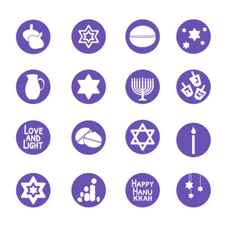Set of hanukkah symbols icons vector illustration. Round story highlight covers with menorah, star of David, sufganiyah, dreidel. White silhouettes on violet For social mediaのイラスト素材