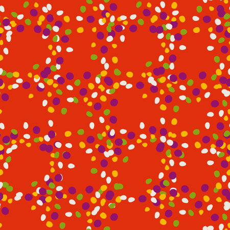Funny dots in grid seamless pattern. Colorful confetti on red background. Childish design with cute hand drawn circles. Flat style vector illustrationのイラスト素材
