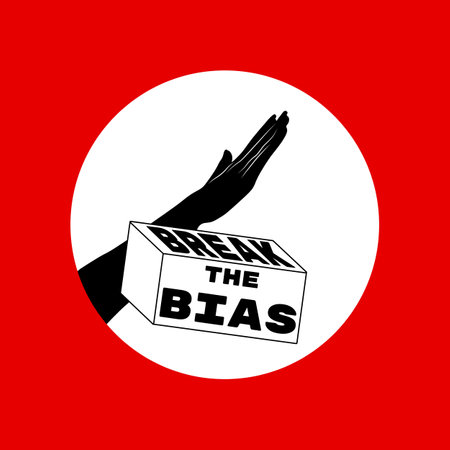 Break the bias icon. White circle with black hand raised to break the brick with text on red background Womens gesture against discrimination Flat style vector illustrationのイラスト素材
