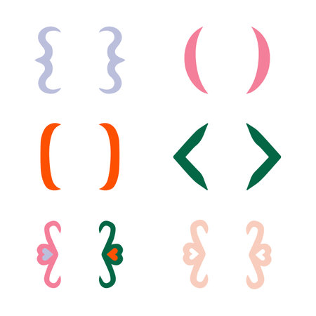 Colorful curly braces isolated on white background. Round, triangular and square brackets. Modern bold lines for typing and typography Vector illustration in flat styleのイラスト素材