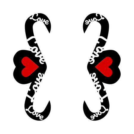 Black curly braces with red hearts vector illustration isolated on transparent background. Hand drawn bold brackets with white text Love Flat style clip art element for Valentines Dayのイラスト素材