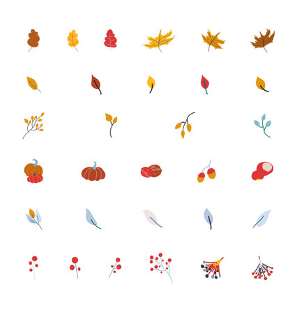 Autumn leaves and berries collection. Abstract childish foliage and pumpkins. Red and yellow clip art elements Flat style vector illustration isolated on white backgroundのイラスト素材