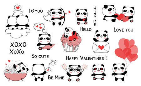 Baby panda valentines day set vector illustration. Cute panda bear collection with red hearts. Hand drawn doodle clip art elements and phrases isolated on white background. Flat styleのイラスト素材