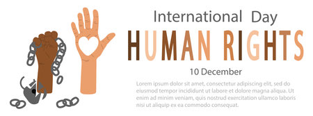 Human rights international day horizontal background vector illustration. Diverse hands with broken chain and padlock and with white heart. Banner template with copy spaceのイラスト素材