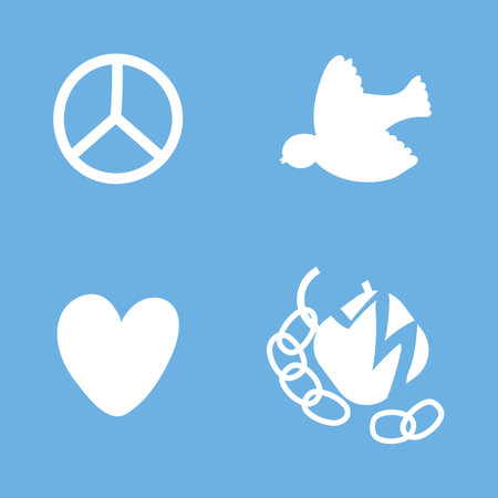 Peace, love, freedom, human rights symbols vector illustration. Hand drawn pacific, heart, bird and broken padlock. White silhouettes isolated on blue background. Flat styleのイラスト素材