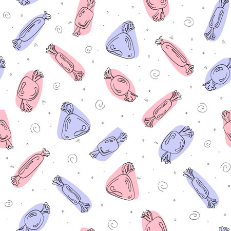 Seamless pattern with doodle candies vector illustration isolated on white background. Black outline caramel and chocolate candies with scribble and dots. Pink and violet spotsのイラスト素材