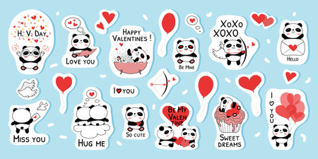 Baby panda stickers for valentines day vector illustration. Cute compositions with bears, red hearts, balloons and congratulatory phrases. 23 flat style Elementsのイラスト素材