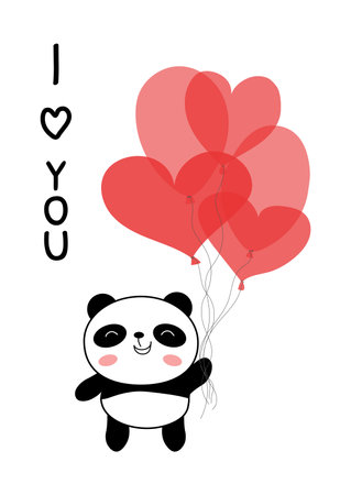 Valentines day card with baby panda vector illustration. Cute bear with red balloons in his paw. I love you phrase. Flat style For tee, print, posterのイラスト素材