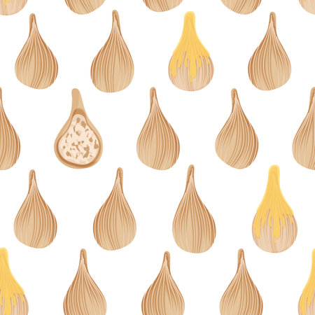 Seamless pattern with steamed modak vector illustration. Traditional Indian food. Sweet festive dumplings whole and halves and with ghee butter toppingのイラスト素材