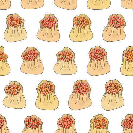 Siu mai dim sum seamless pattern vector illustration. Shumai isolated on white background. Traditional Chinese steamed open dumplings. For packaging decorationのイラスト素材