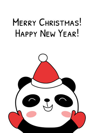 Christmas card with cheerful baby panda in Santa hat vector illustration. Doodle panda bear character raised paws in greeting. Merry Christmas and Happy New Yearのイラスト素材