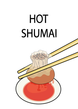 Poster with hot shumai steamed dumpling vector illustration. Siu mai dipped in soy sauce by chopsticks. Traditional Chinese foodのイラスト素材