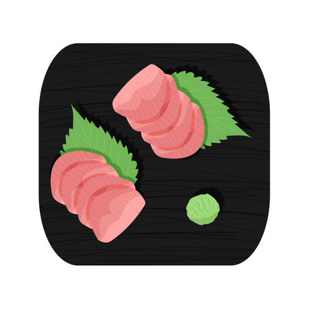 Hamachi sashimi served on plate vector illustration. Yellowtail sashimi with shiso leaves and wasabi paste on black square plate. Flat cartoon styleのイラスト素材