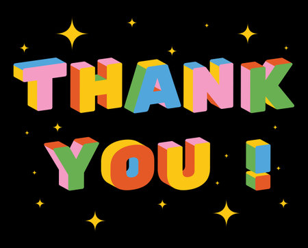 Thank you 3d flat typography vector illustration. Bold colorful text and stars isolated on black. Retro stylized font. Greeting card, postcard, trendy bright posterのイラスト素材