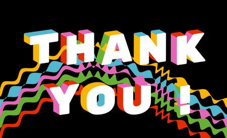 Thank you 3d flat typography vector illustration. Bold colorful text and wavy lines isolated on black. Retro stylized font. Greeting card, postcard, trendy bright posterのイラスト素材
