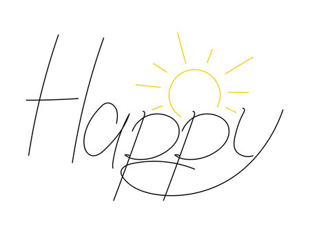 Happy lettering inscription with sun vector illustration. Line handwritten word isolated on white backgroundのイラスト素材