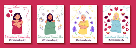 Embrace equity International womens day cards vector illustration. Diverse women hugging herself in floral frames. Self love, care and equality concept. Set of four postersのイラスト素材