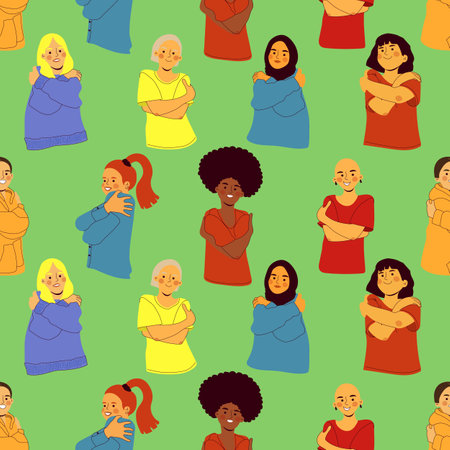 Embrace equity seamless pattern with girls vector illustration. Diverse women hugging herself. International womens day campaign. Isolated on green backgroundのイラスト素材