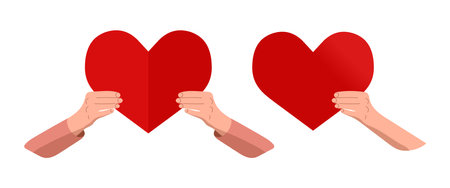 Hands holding red hearts vector illustration isolated on white background. Give and share your love, charity and donation concept. Valentines day templateのイラスト素材