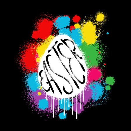 Happy Easter urban street graffiti style vector illustration. Neon spray splashes and drops isolated on black background. Poster, banner template.のイラスト素材