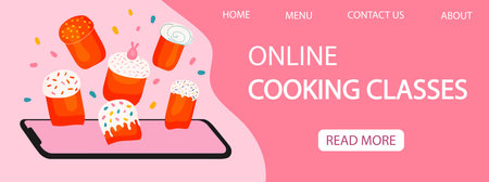 Online cooking classes landing page template with Easter cakes. Decorated Easter bread flying above smartphone. Hand drawn vector illustrationのイラスト素材