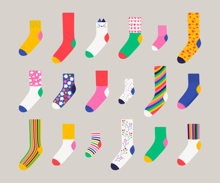 Set of colorful trendy socks. Wool, cotton warm accessories with modern patterns. Unisex clothes. Flat style vector illustrationのイラスト素材