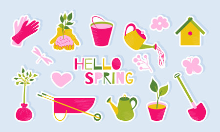 Garden tools spring sticker kit collection vector illustration. Gardening equipment, seedling with hand drawn texture, cute insects. All elements are isolatedのイラスト素材