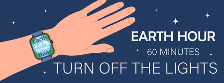 Earth Hour background. Turn off the lights for 60 minutes. Hand with smart watch with date on starry...