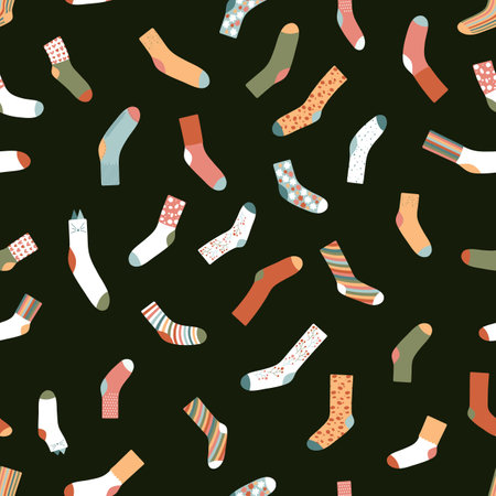 Seamless pattern with colorful socks. Wool, cotton warm accessories with modern patterns. Unisex clothes in neutral colors. Retro muted palette. Vector illustrationのイラスト素材