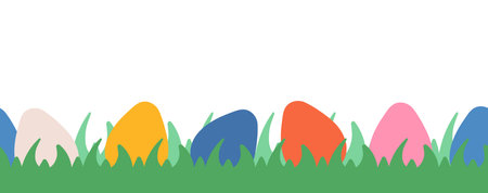 Colorful Easter eggs on grass seamless border. Simple childish green lawn. Flat style vector illustration isolated on white backgroundのイラスト素材