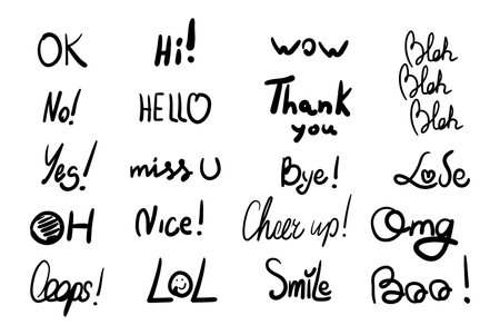 Set of hand drawn dialog words. Doodle short phrases, speech messages. Ok, lol, love, hello, thank you, oops, wow. Vector illustration isolated on white backgroundのイラスト素材